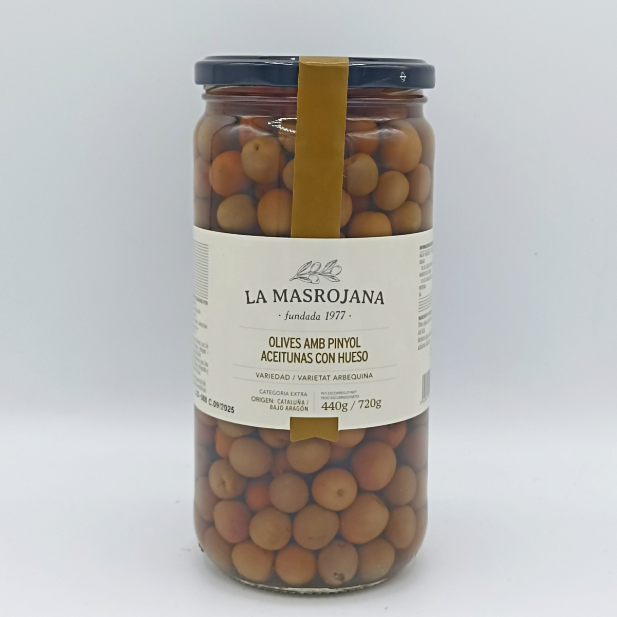 Olives amb Pinyol Arbequines La Masrojana 440 G.