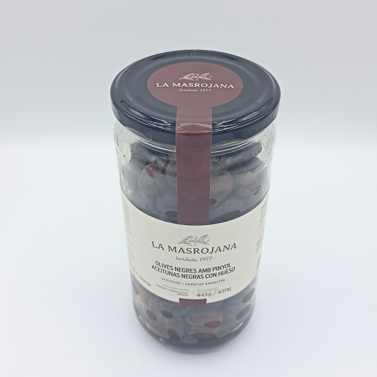 Olives Negres amb Pinyol La Masrojana 440 G.